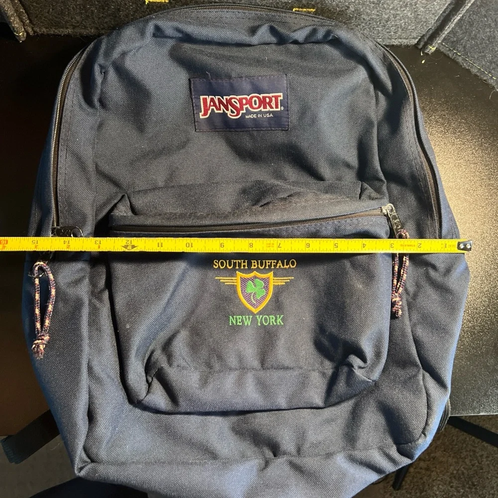 Jansport Vintage 90's Backpack Day Pack USA Made Blue Bag South Buffalo NY Patch